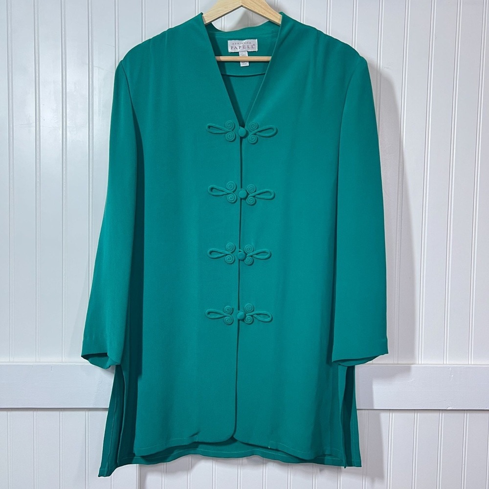 Adrianna Papell Vtg Blouse Green Old Money Luxury 100% Silk Blend Frog Closures